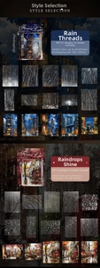 Detail of PET nature stickers showing city rain themes and glossy waterproof finish