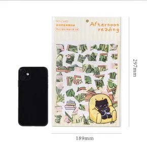 Detailed PET puzzle sticker set featuring black cat reading and botanical illustrations