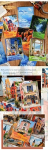 Gros plan sur des cartes illustrées de paysages vintage et papier scrapbooking décoratif