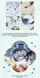 Macro detail of blue porcelain flower PET stickers with numbered collage guide pieces