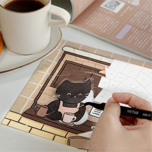 DIY black cat PET sticker set with numbered puzzle pieces and anti-static tweezers