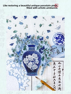 Detail of blue and white porcelain stickers with butterfly motifs and numbered puzzle pieces