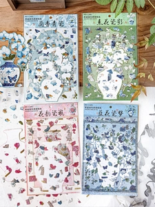 Detailed PET floral porcelain stickers with antique vases for creative journaling