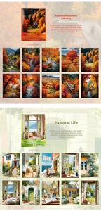 Détail du papier décoratif aux paysages naturels avec des illustrations d'automne et rurales