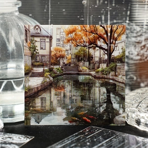 Nature elements PET sticker with Japanese street scenery and colorful koi fish illustration