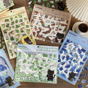 Cute black cat PET puzzle stickers set for DIY journals and creative scrapbooking crafts
