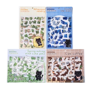 Cute black cat PET puzzle stickers set with afternoon tea and star themes for scrapbooking