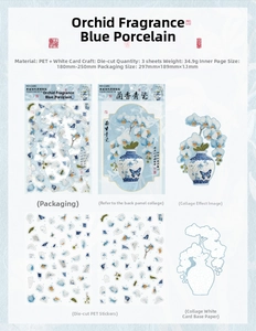 Detail of DIY floral porcelain PET stickers showing transparent texture and blue patterns