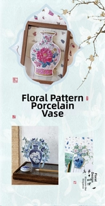 Detail of 3D embossed floral vase stickers with traditional Chinese porcelain patterns