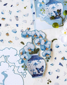 Macro detail of blue floral porcelain PET stickers with intricate ice-crackle texture
