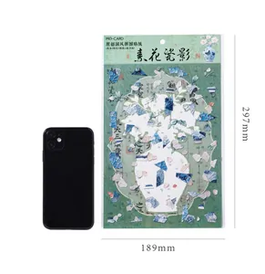 Detailed size comparison of PET floral landscape stickers against a black smartphone