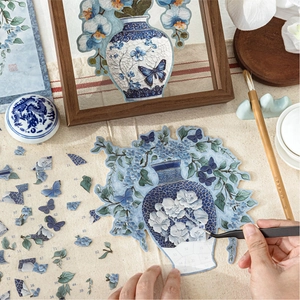 DIY blue and white porcelain flower vase puzzle stickers with wooden frame for journaling