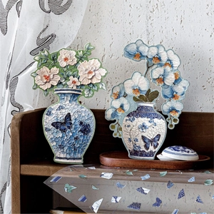 Retro Chinese style 3D vase stickers with floral patterns for journaling and DIY scenes