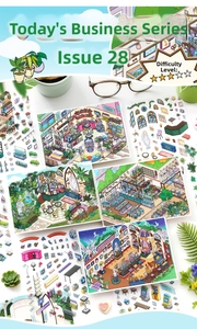 Close-up of miniature room stickers featuring gaming rooms and indoor garden DIY scenes
