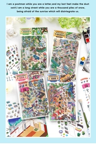 Artistic layout of four themed miniature scene stickers with watercolor deco props