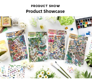 Flat lay of 2.5D artistic landscape deco stickers with brushes and floral props