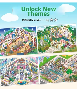 Isometric sticker scenes featuring art gallery, cafe, electronics store and flower market
