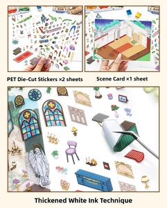 Detail of European vintage PET stickers with 3D white ink print for scrapbooking