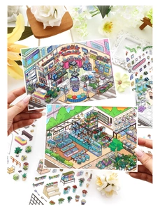 Detailed view of isometric dollhouse stickers featuring retro store and pet shop scenes