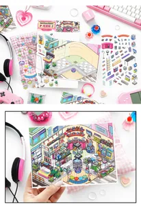 Detail of DIY appliance city scene stickers for journaling featuring pixel art furniture