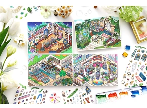 Detail of 2.5D isometric scenery stickers featuring art gallery and floral shop themes