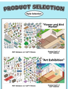 Detail view of PET scrapbooking stickers with flower market and art exhibition themes