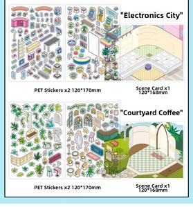 Detailed PET sticker set with Electric City and Garden Coffee miniature scenes