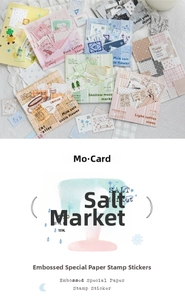 Detail of embossed stamp stickers with Pink Coffee Story and floral textures