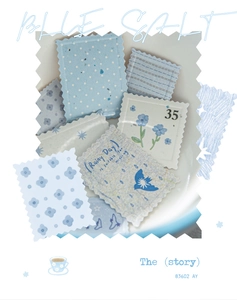 Close-up of Blue Salt vintage stamp stickers with embossed texture and jagged edges