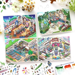 Isometric Deco Scene PET Stickers Miniature Room Shop Interior DIY Journaling Scrapbooking Materials Decorative Stickers