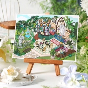 Colorful cafe scene illustration stickers on mini easel with greenhouse plant design