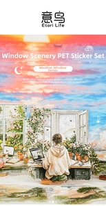 Dettaglio di adesivi PET a tema finestre con illustrazioni ad acquerello per decoro