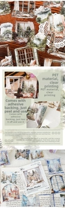 Dettaglio degli adesivi in PET con finestre vintage e stampa nitida per scrapbooking