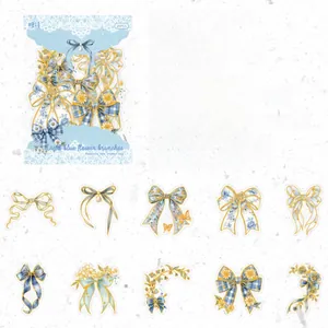 Détails des autocollants nœuds floraux bleu clair avec finition laser dorée
