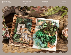 Dettaglio ravvicinato di adesivi a tema foresta per decorazione di diari e scrapbooking