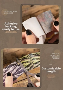 Dettaglio del nastro adesivo texture muschio e corteccia tagliato per decorare scrapbooking
