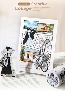 Close-up of Little Daily Life vintage washi tape with retro monochrome figure sketches