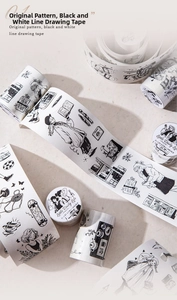 Macro detail of black and white hand-drawn decorative washi tape for journaling