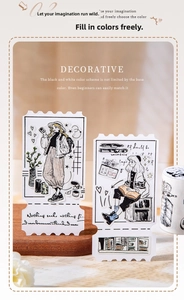 Close-up of black and white line drawing stickers with DIY coloring girl patterns