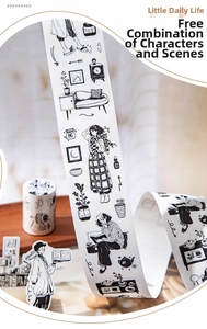 Detail of Little Daily Life black and white character washi tape for journaling DIY