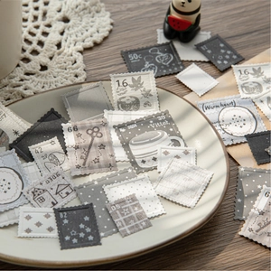 Vintage stamp style embossed stickers featuring classic hand-drawn retro illustrations