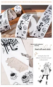 Close-up of die-cut black and white illustrated washi tape with daily life character patterns