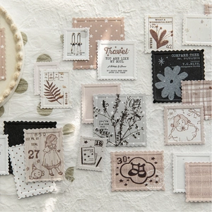 Vintage relief stamp stickers with floral motifs and retro typography for scrapbooking
