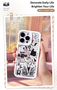 Detail of iPhone Pro case featuring black and white hand-drawn lifestyle illustrations