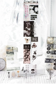Dettaglio del nastro decorativo in PET con testo vintage e motivi floreali per DIY