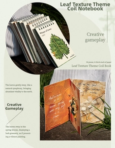 Detail of leaf theme spiral notebook with natural vein patterns and foldable inner pages