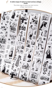 Close-up of black and white washi tape with various hand-drawn girl and lifestyle figures