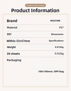 Detailed specifications for PET scrapbooking stickers showing 30 pieces and size details