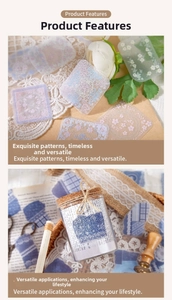 Close-up of vintage floral PET stickers with lace and retro paper on a wooden background
