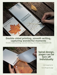 Detail of leaf-themed spiral notepad with 50 sheets of double-sided printed paper